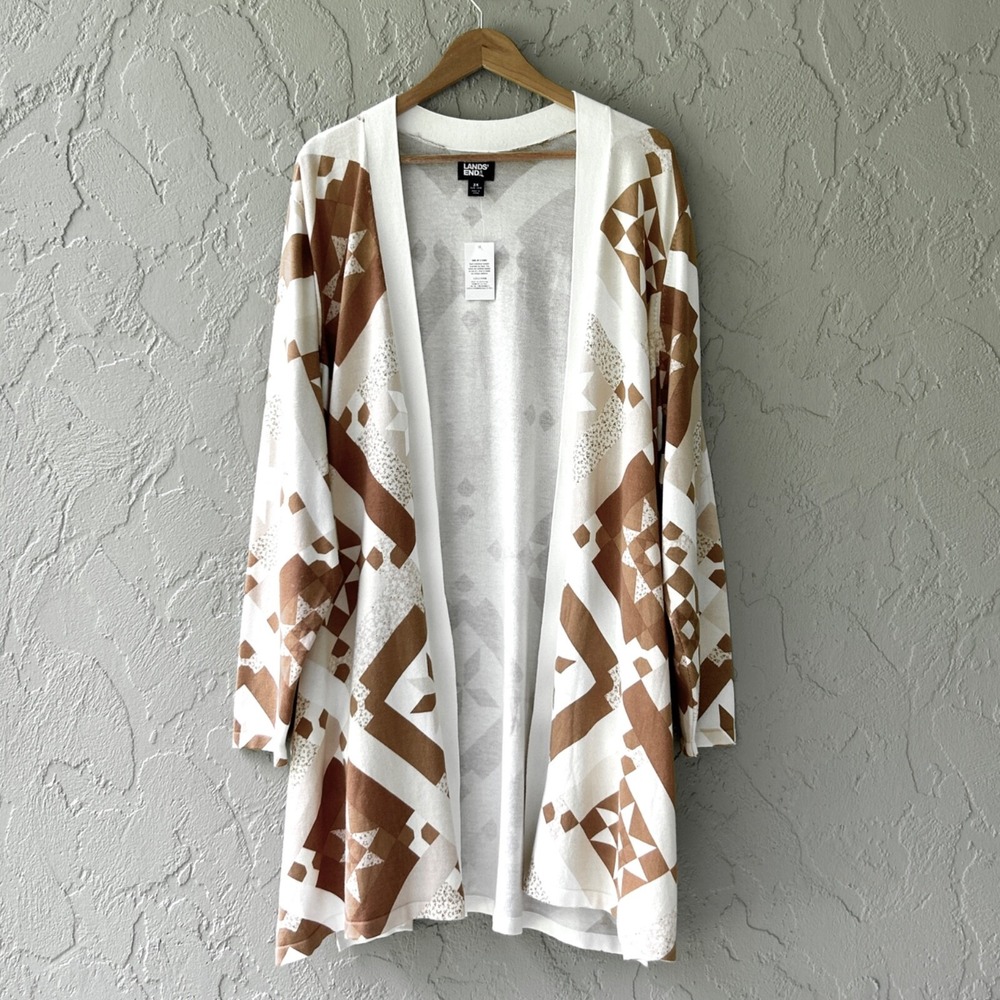 Lands End Women 3X Beige Brown Multicolor Open Front Duster Cardigan Sweater NWT